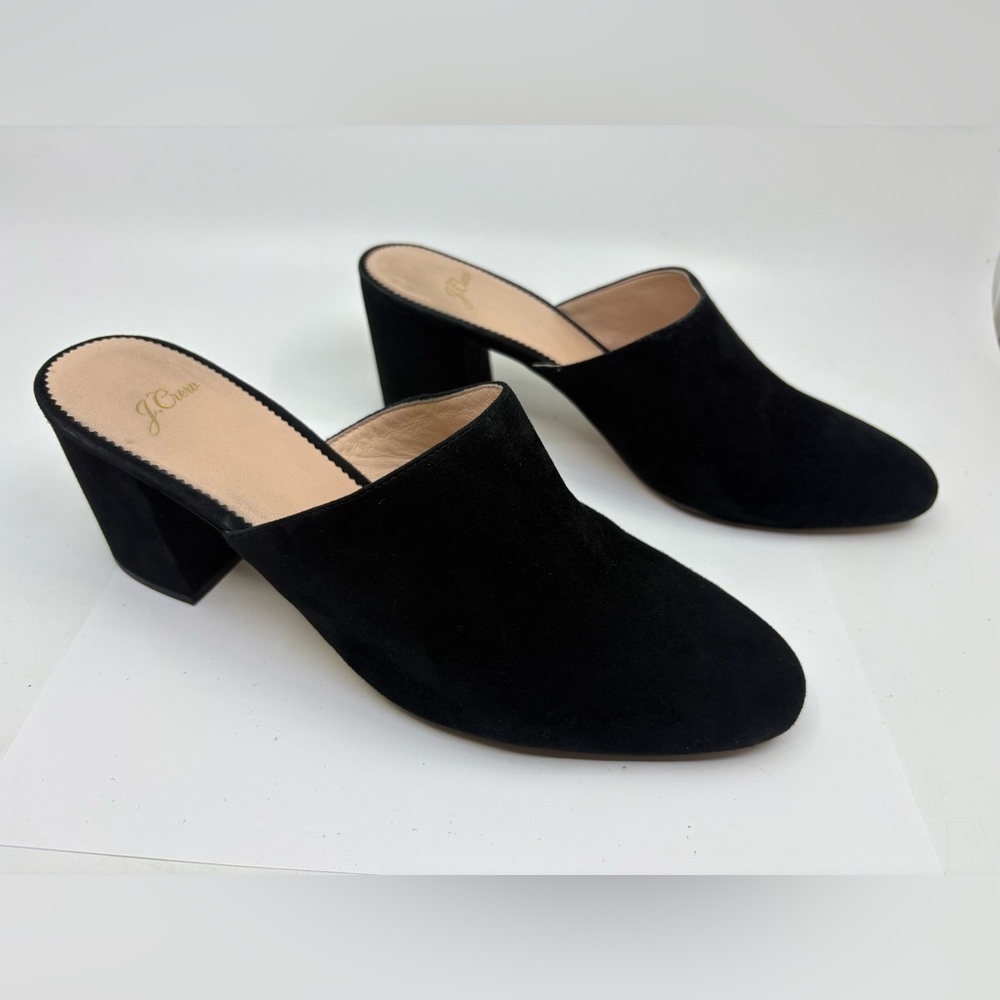 J. Crew Mules Black Suede Leather Slide Block Heels Size 10.5 3” heels - Picture 2 of 9